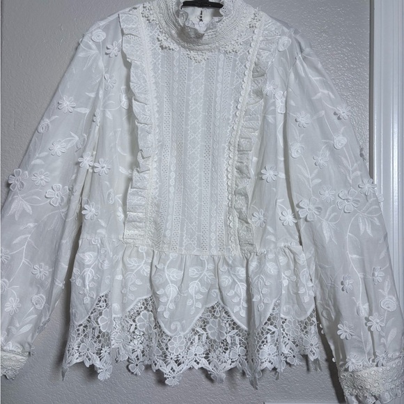 Anna Sui x Inc. White Cotton Embroidered w/ Lace & 3D Flowers. Modest, Feminine - Picture 16 of 16